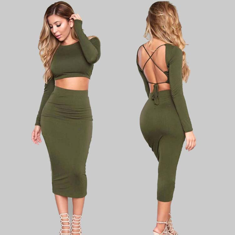 Tight-Fitting Crop Top and Midi Skirt Two-Piece Set