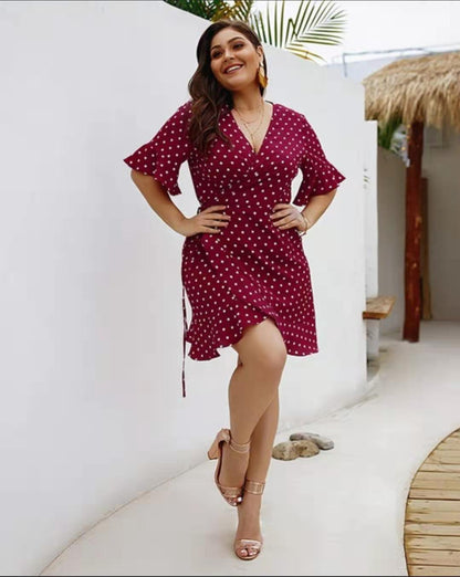 Women's  V-Neck Polka Dot Plus Size  Dress