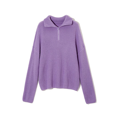 Women's Thick Casual Zipper Lapel Knit Sweater