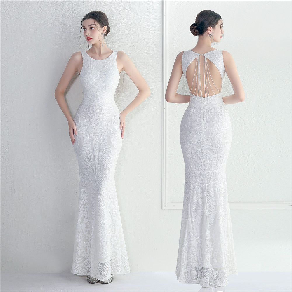 Long Sequin Evening Dress with Backless Design