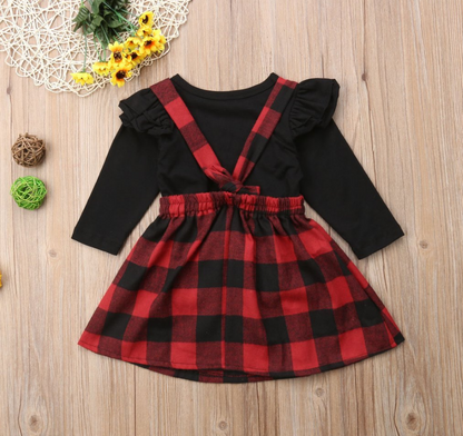 Black Long Sleeve Plaid Pinafore Dress Set for Girls