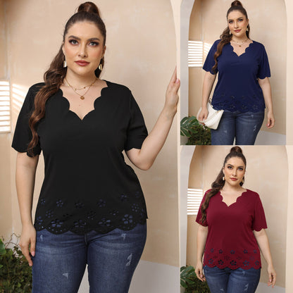 Plus Size Burnt Floral Deep V T-Shirt for Ladies