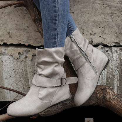 Ankle Boots  Round Toe Buckle Belt Side Zipper Boots