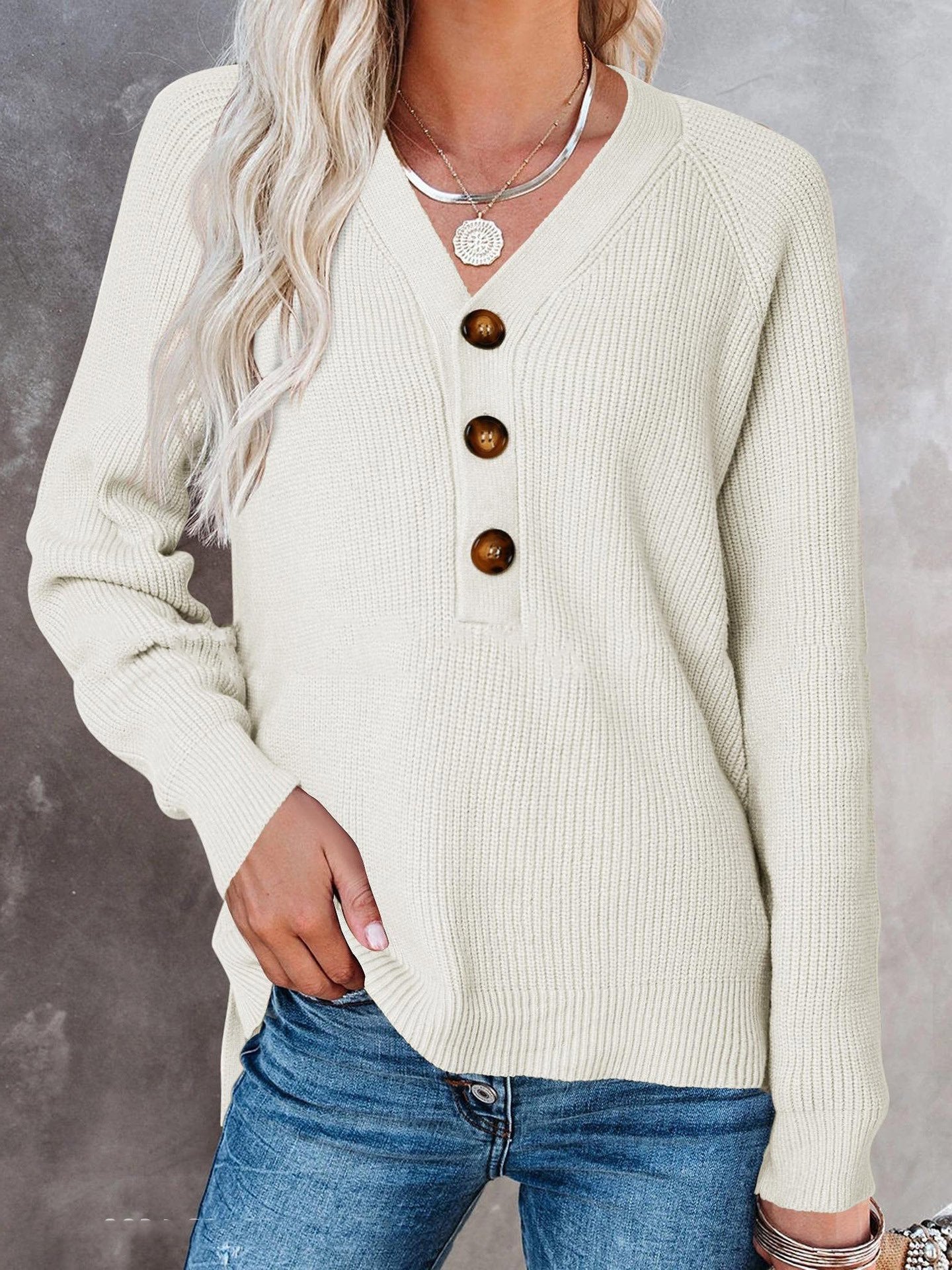 New Button Knitted V-Neck Sweater for Women