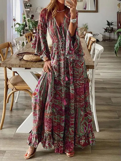 Bohemian Beach Maxi Dress with Floral Print for Women