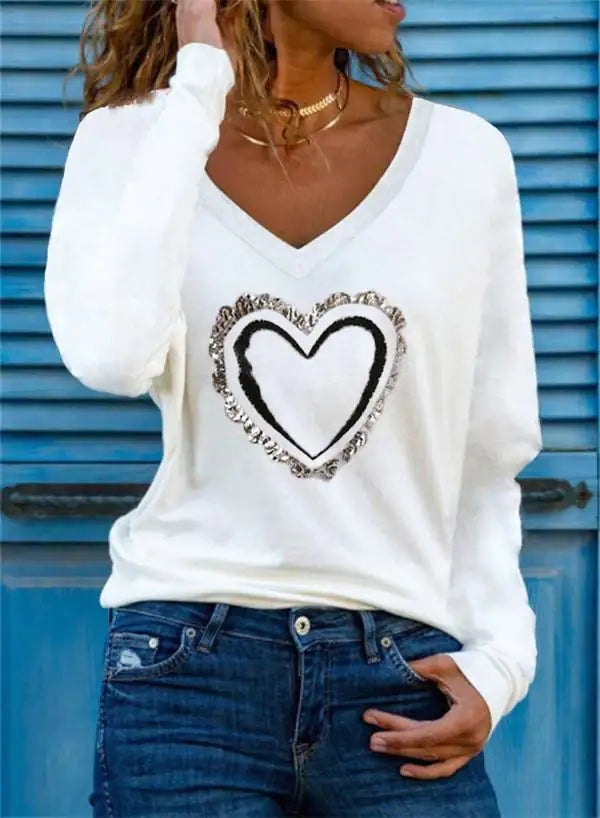 Heart Pattern V-neck Long-sleeve Women's T-shirt