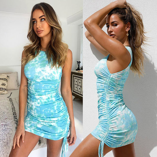 Summer Tie Dye Rucked Bodycon Mini Dress for Women
