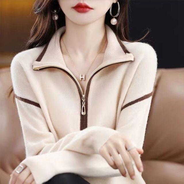 Casual Knitted Zipper Neck Sweater