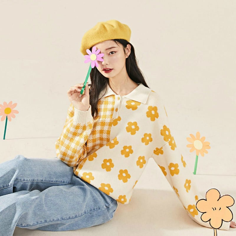 New Polo Doll Collar Cropped Knitted Sweater Top