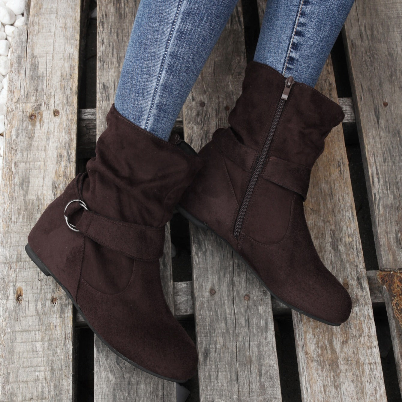 Ankle Boots  Round Toe Buckle Belt Side Zipper Boots