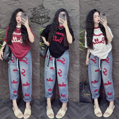 New Letter Printing Short-sleeved Milk Silk Wide-leg Pants Two-piece Set