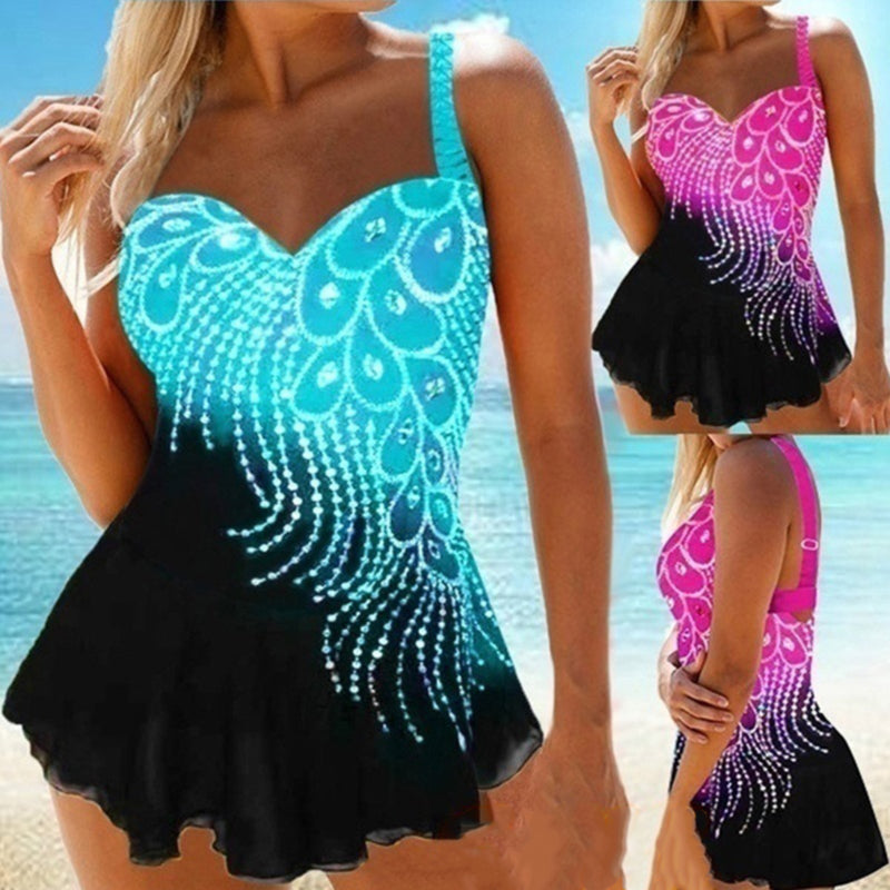 Plus Size Women's High Waist Feather Print Swimwear