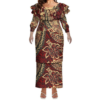 Plus Size Women Hawaiian Print Full Sleeve Long Dress