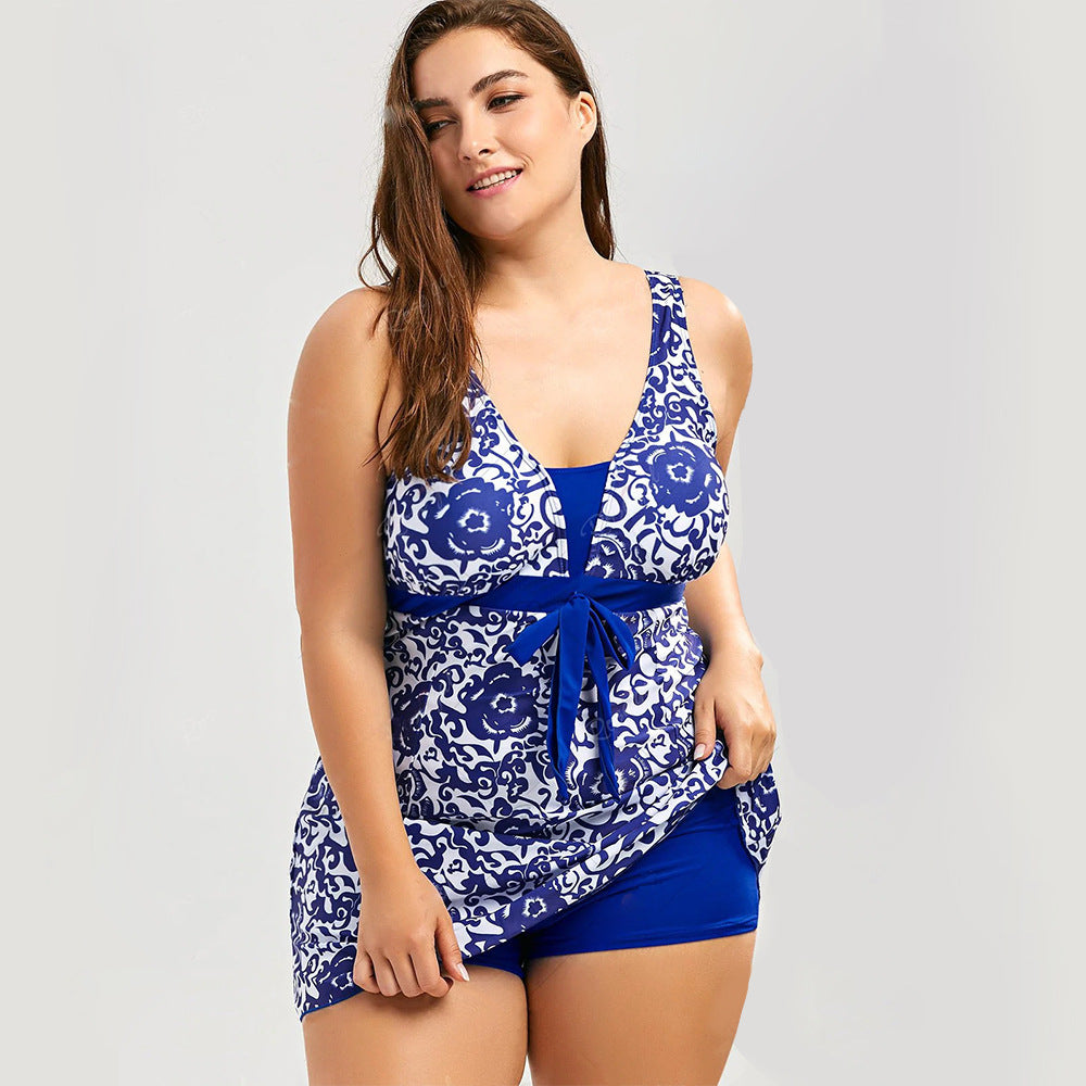 Floral Print Backless Swimsuit with Bow and Skirt Plus Size