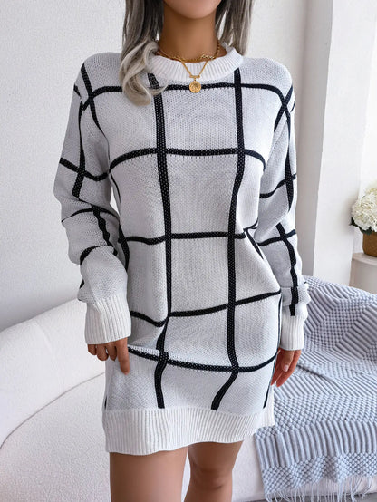 Casual Color-Contrast Plaid Long Sleeve Sweater Dress