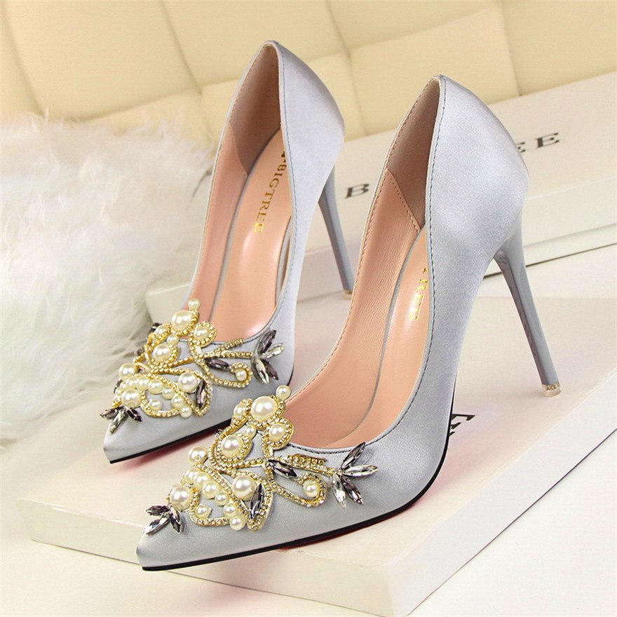 Elegant Satin Pointed-Toe High Heels with Pearls