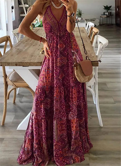 Bohemian High Waisted V-neck Floral Dress