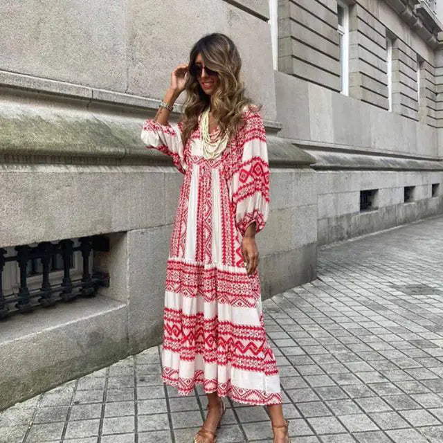 Women's Boho Floral Maxi Dress with Drawstring V Neck