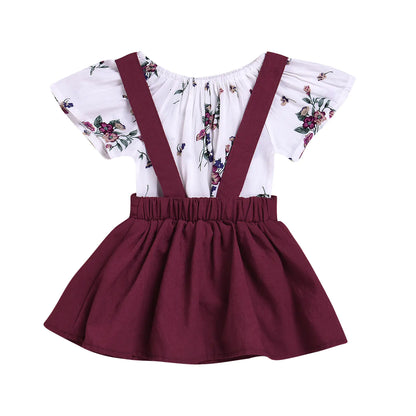 Red Floral Print Suspender Dress for Kids (Two-Piece Set)