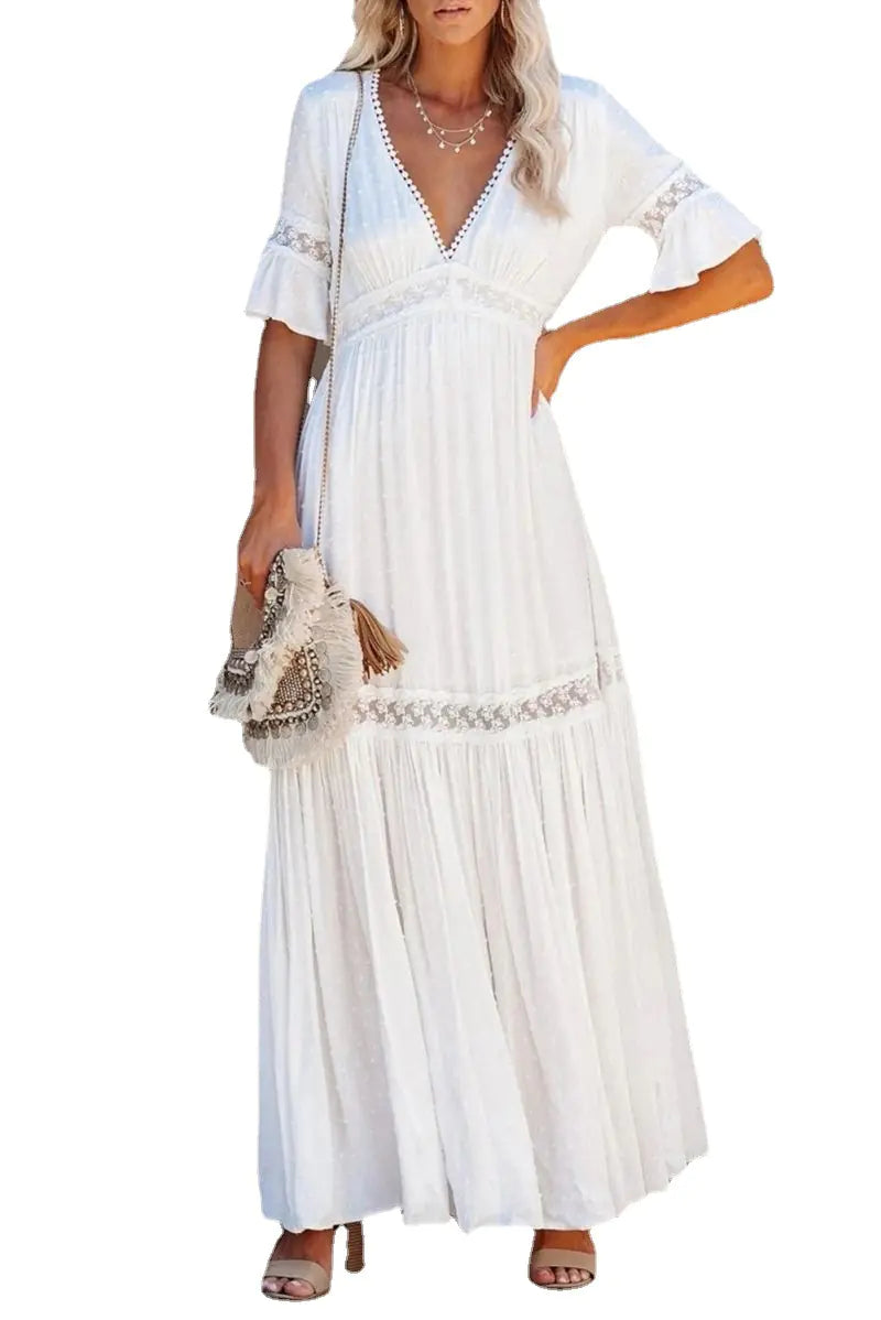 Damen V-Ausschnitt Spitzen-Maxikleid Frühling/Sommer