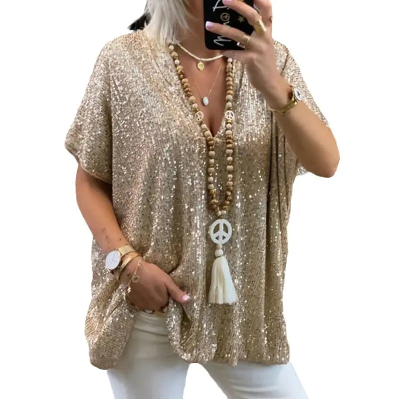 Neues lässiges, locker geschnittenes Damen-T-Shirt mit Pailletten und V-Ausschnitt