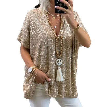 Neues lässiges, locker geschnittenes Damen-T-Shirt mit Pailletten und V-Ausschnitt