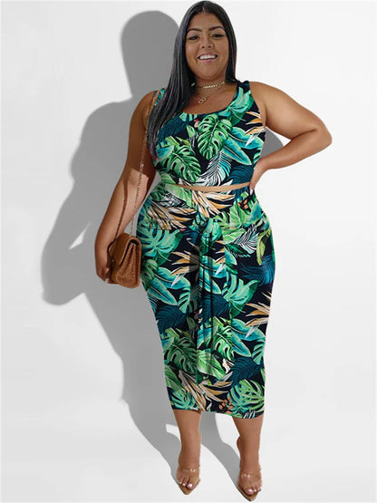 Plus Size Dress Sets Floral Printed Two Piece Set Crop Top