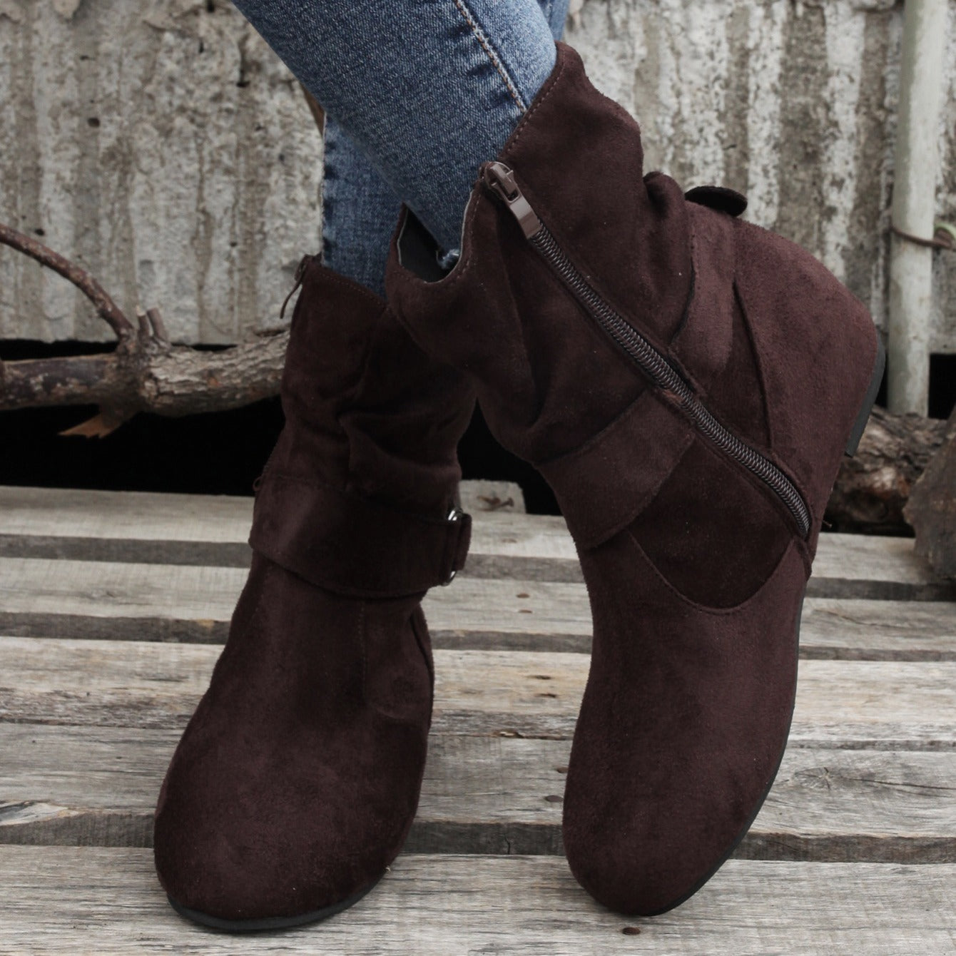 Ankle Boots  Round Toe Buckle Belt Side Zipper Boots