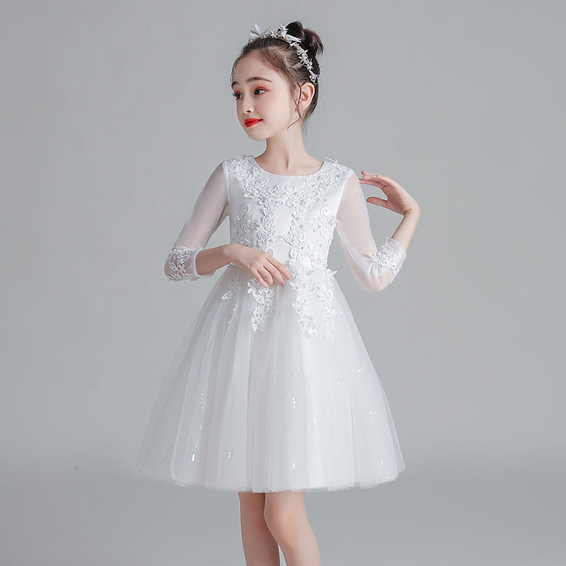 Champagne Girl's Puffy Catwalk Gown with Long Sleeves