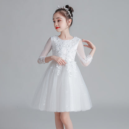 Champagne Girl's Puffy Catwalk Gown with Long Sleeves