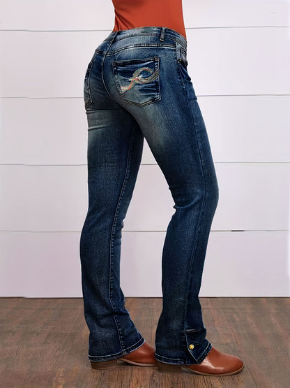 Women's Stretchy Straight-Leg Embroidered Denim Pants