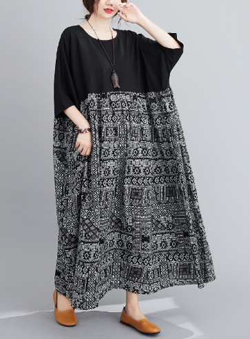 Color block Cotton Linen Short Sleeve Dress Plus Size