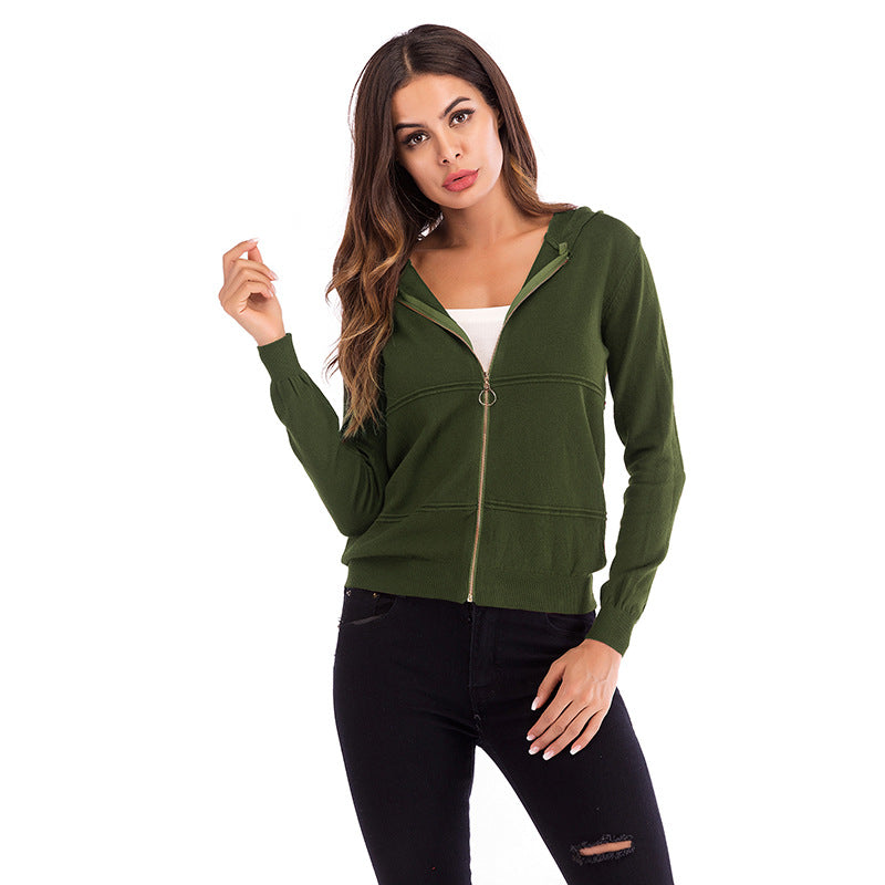 Solid Color Hooded Zip Knit Cardigan