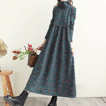 Retro Floral Turtleneck Dress for Women
