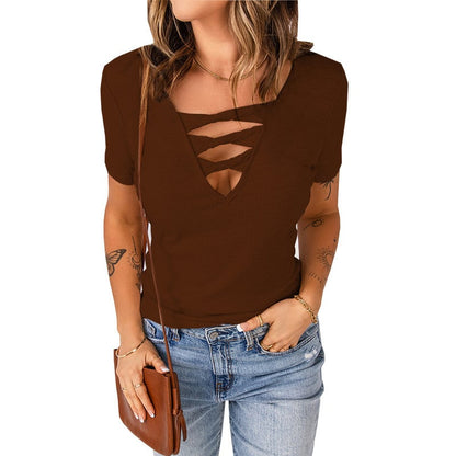 V-Neck Pullover Solid Color Women's Top