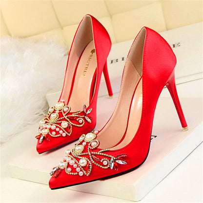 Elegant Satin Pointed-Toe High Heels with Pearls