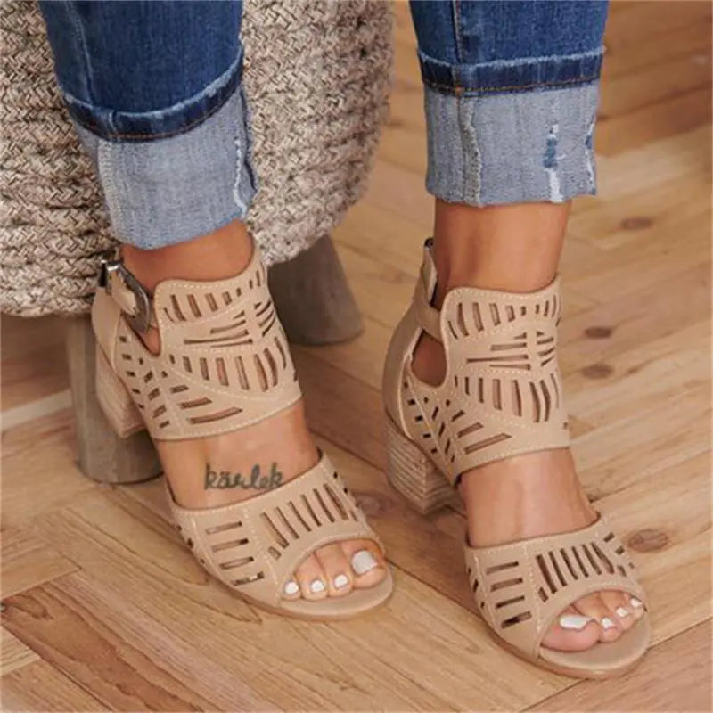 Cutout Floral Chunky Heels Women's Sandals