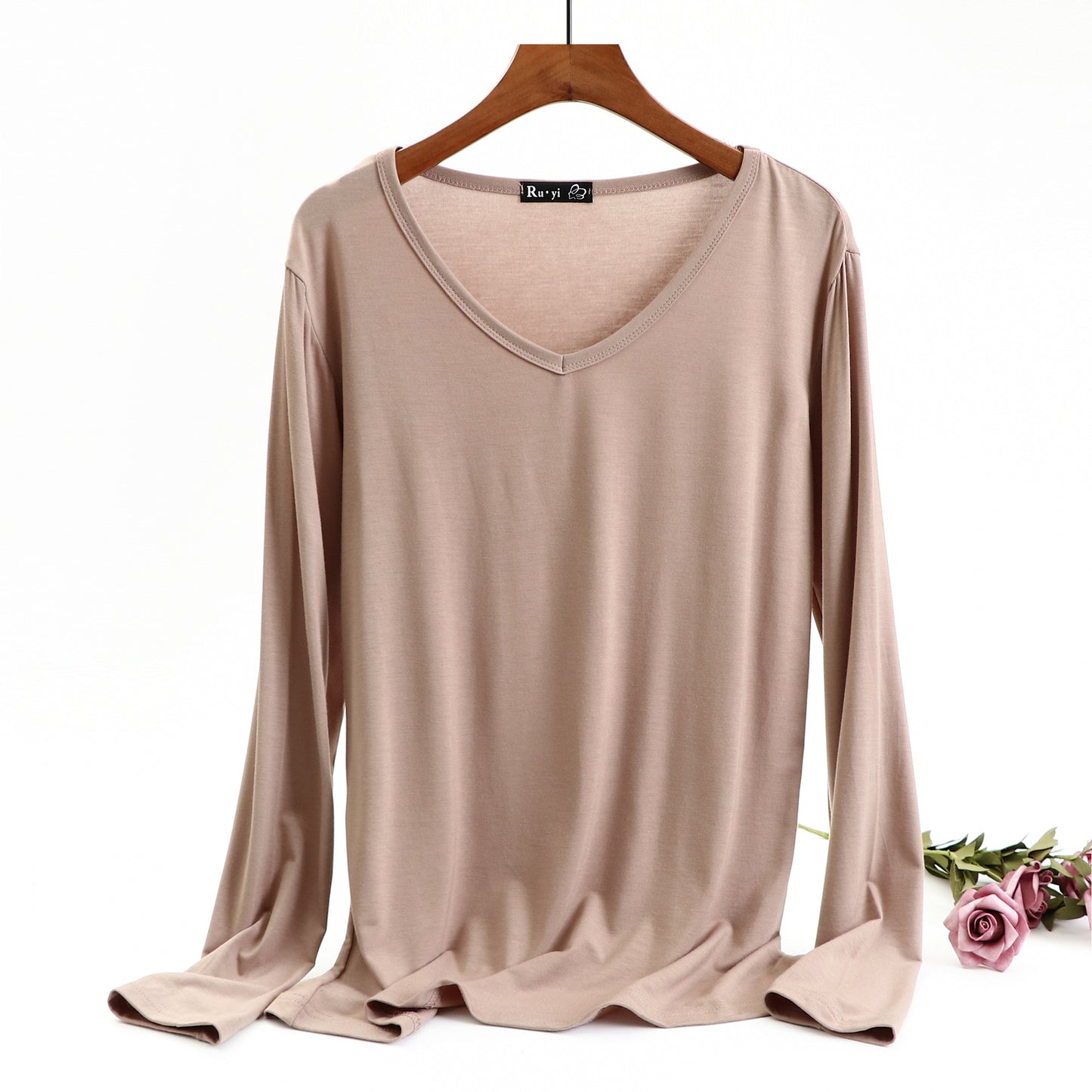 Ladies Plus Size V-neck Candy Color Long-sleeved Top