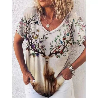 Sommerliches Damen-V-Ausschnitt-T-Shirt mit 3D-Druck