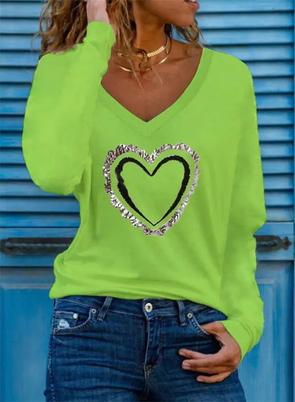 Heart Pattern V-neck Long-sleeve Women's T-shirt