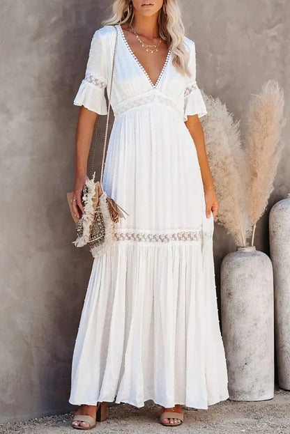 Damen V-Ausschnitt Spitzen-Maxikleid Frühling/Sommer