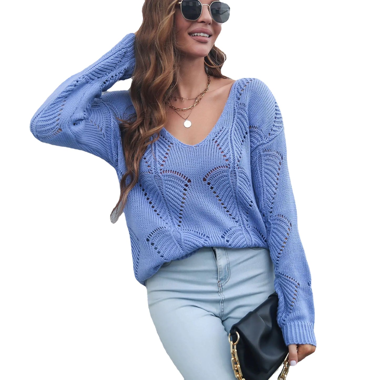 Hollow Leaf V-Neck Long Sleeve Knit Sweater