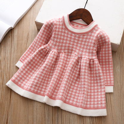 Girls' Knitted Plaid Sweater Dress for Children