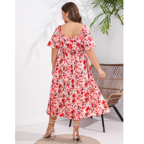 Plus Size Women's Floral Square Neck Tea Dress