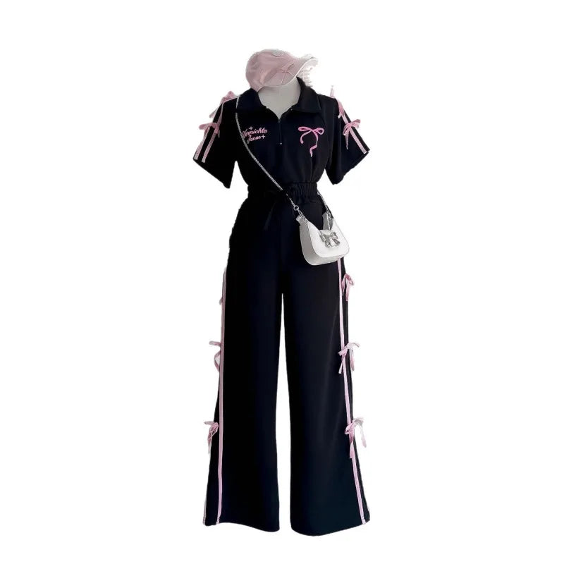 Sweet Suit Women's Bow-tie Printed POLO Shirt  Wide-leg Trousers Two-piece Set
