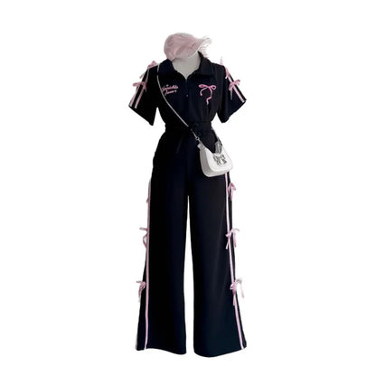 Sweet Suit Women's Bow-tie Printed POLO Shirt  Wide-leg Trousers Two-piece Set