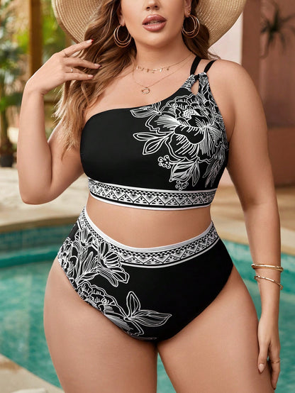 Plus Size One Shoulder Printed Bikini Set