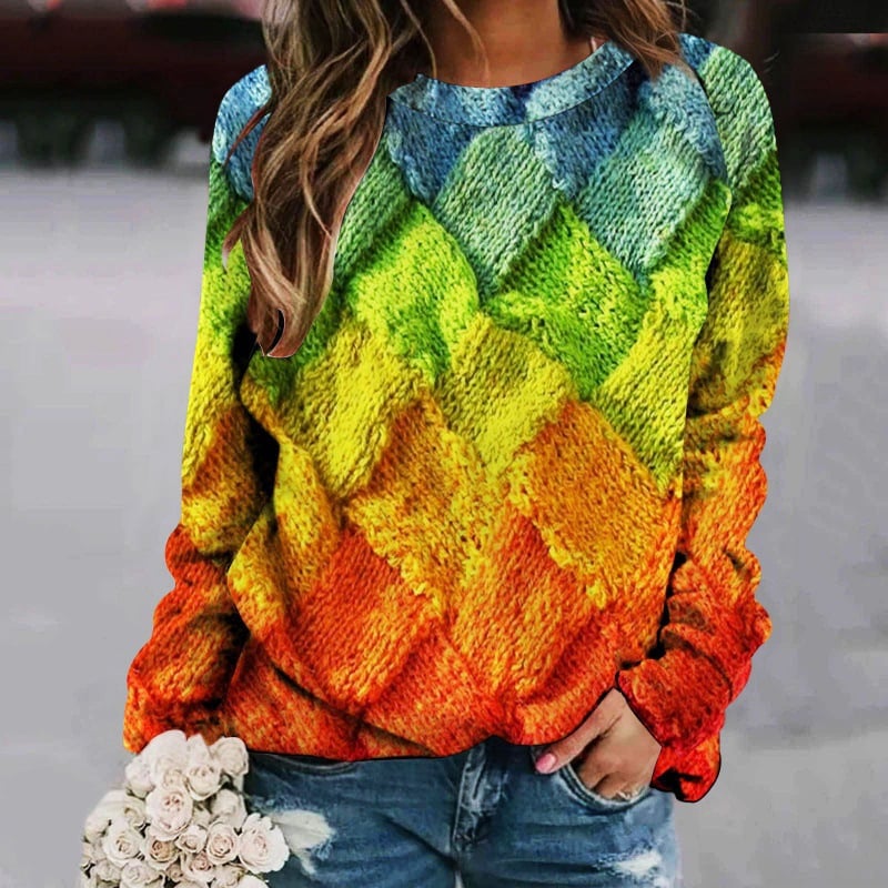 Printed Patchwork Round Neck Women's Long Sleeve Sweater