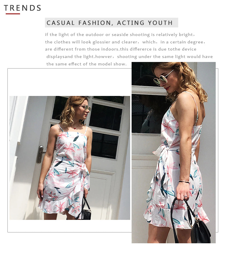 Leaf Print Cami Chiffon Dress - Irregular Short Skirt