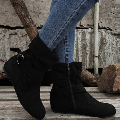 Ankle Boots  Round Toe Buckle Belt Side Zipper Boots